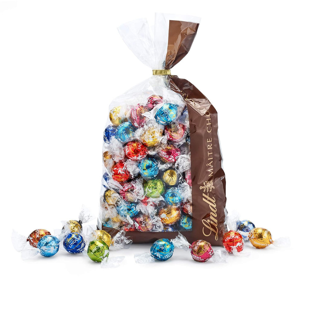 Csokoládé mix LINDOR | 1371 g | kb. 109 golyó: Klasszikus keverék tejcsokoládé golyókhoz és LINDOR | kb. 80 db csokoládégolyó (tej, fehér, sötét 60%, mogyoró) | Ömlesztett csomag, 1 kg