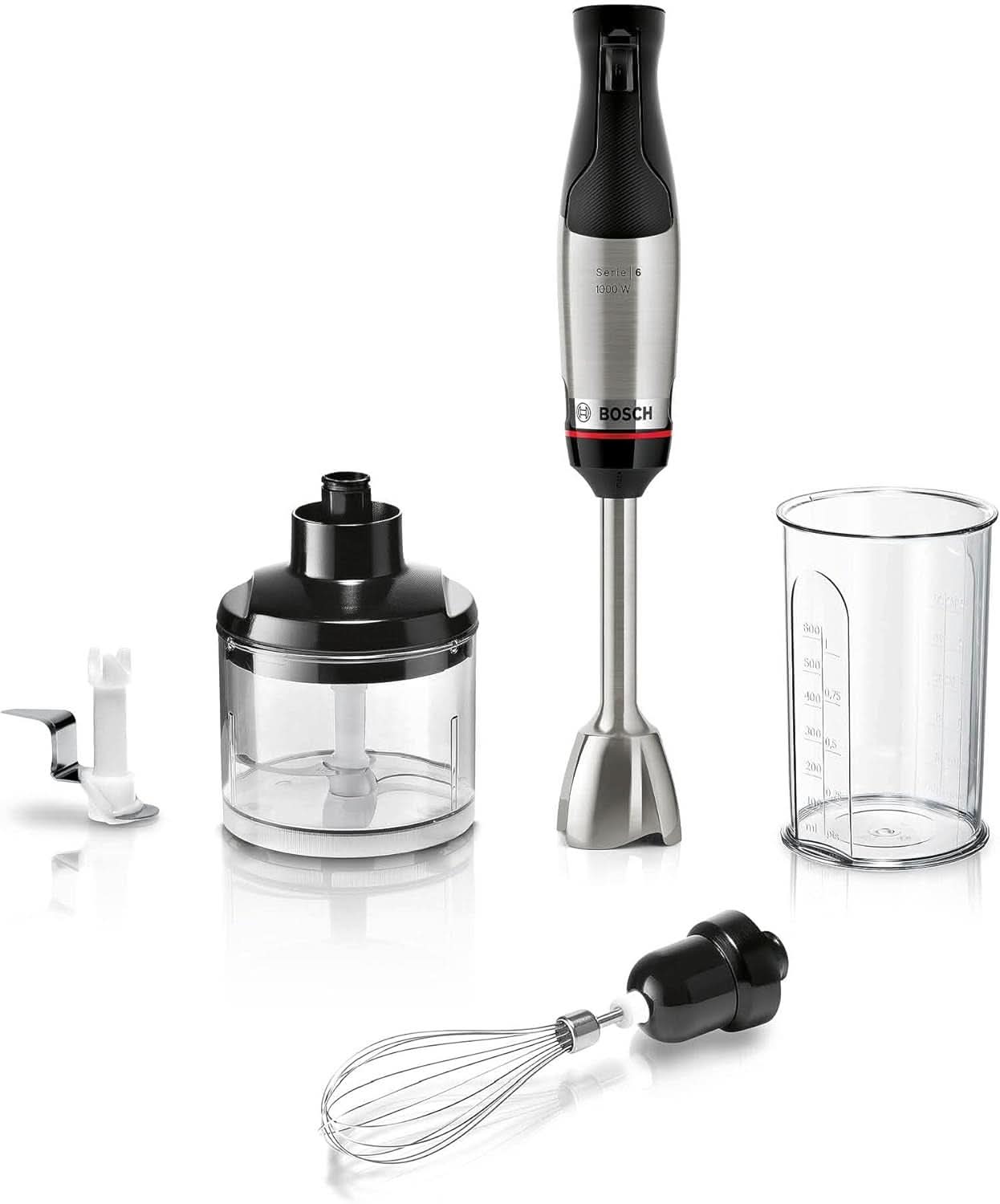 Bosch Stabmixer Ergomaster Serie 6 MSM6M623, 10 Jahre Motorgarantie, Edelstahl-Klingen, Verschleiãÿfreie Keramik-Kupplung, Luftkühlung, Zerkleinerer, Kartoffelstampfer, Schneebesen, 1000 W, Na Edel Se-1. 6