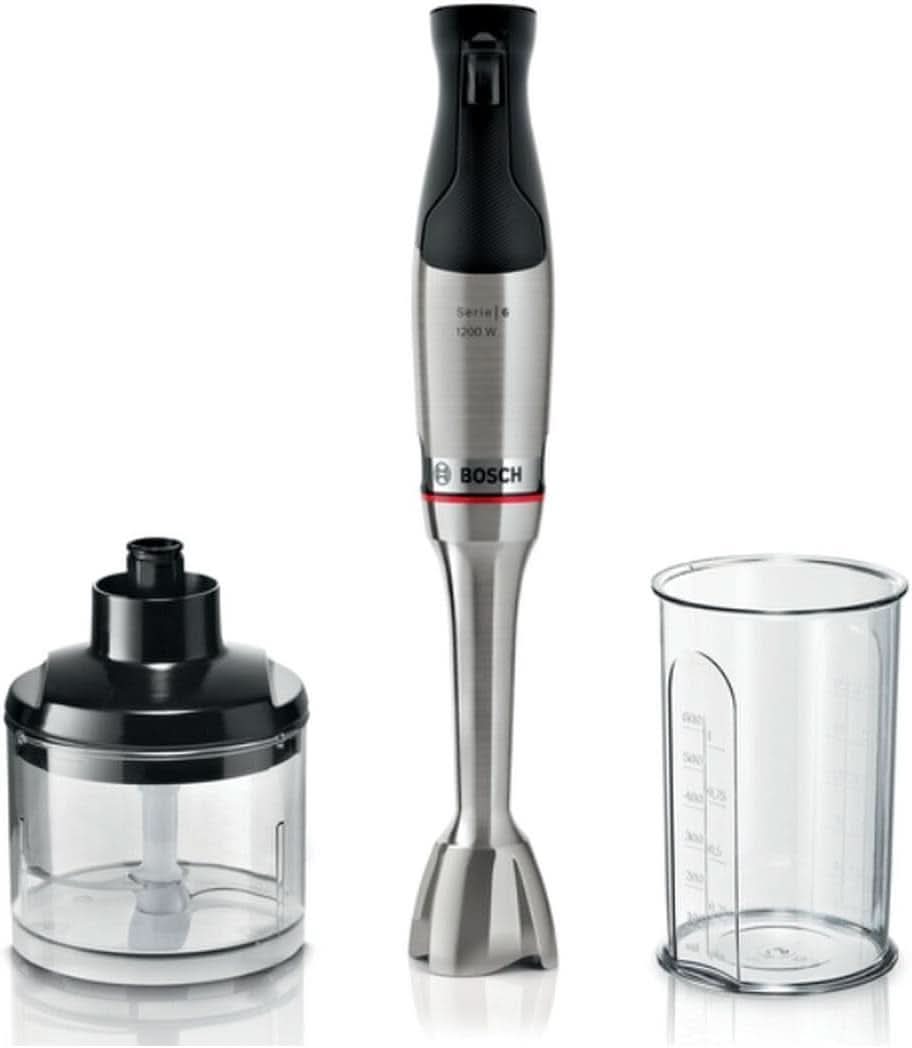 Bosch Stabmixer Ergomaster Serie 6 MSM6M810, Einhändig Bedienbar, 10 Jahre Motorgarantie, Edelstahl-Klingen, Verschleißfreie Keramik-Kupplung, Luftkühlung, Quattroblade, Mixbecher, 1200 W, Na-Inty Edelstahl, 1-Inty Edelstahl0,2