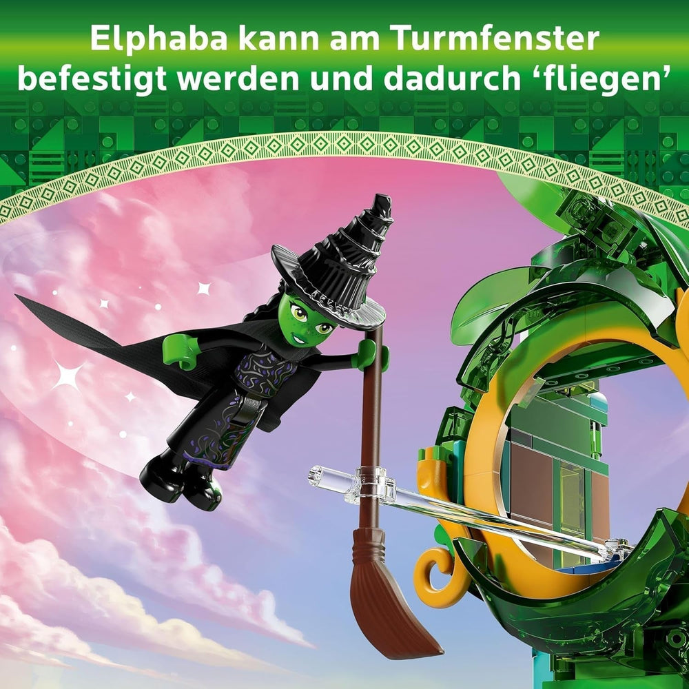 LEGO Wicked Üdvözöljük az Emerald City toronyjátékban, Glinda és Elphaba mini babák, ajándék filmrajongóknak és 9 éves kortól a babaházakat kedvelő lányoknak és fiúknak 75684 Építőkészletek Besuche den LEGO-Store