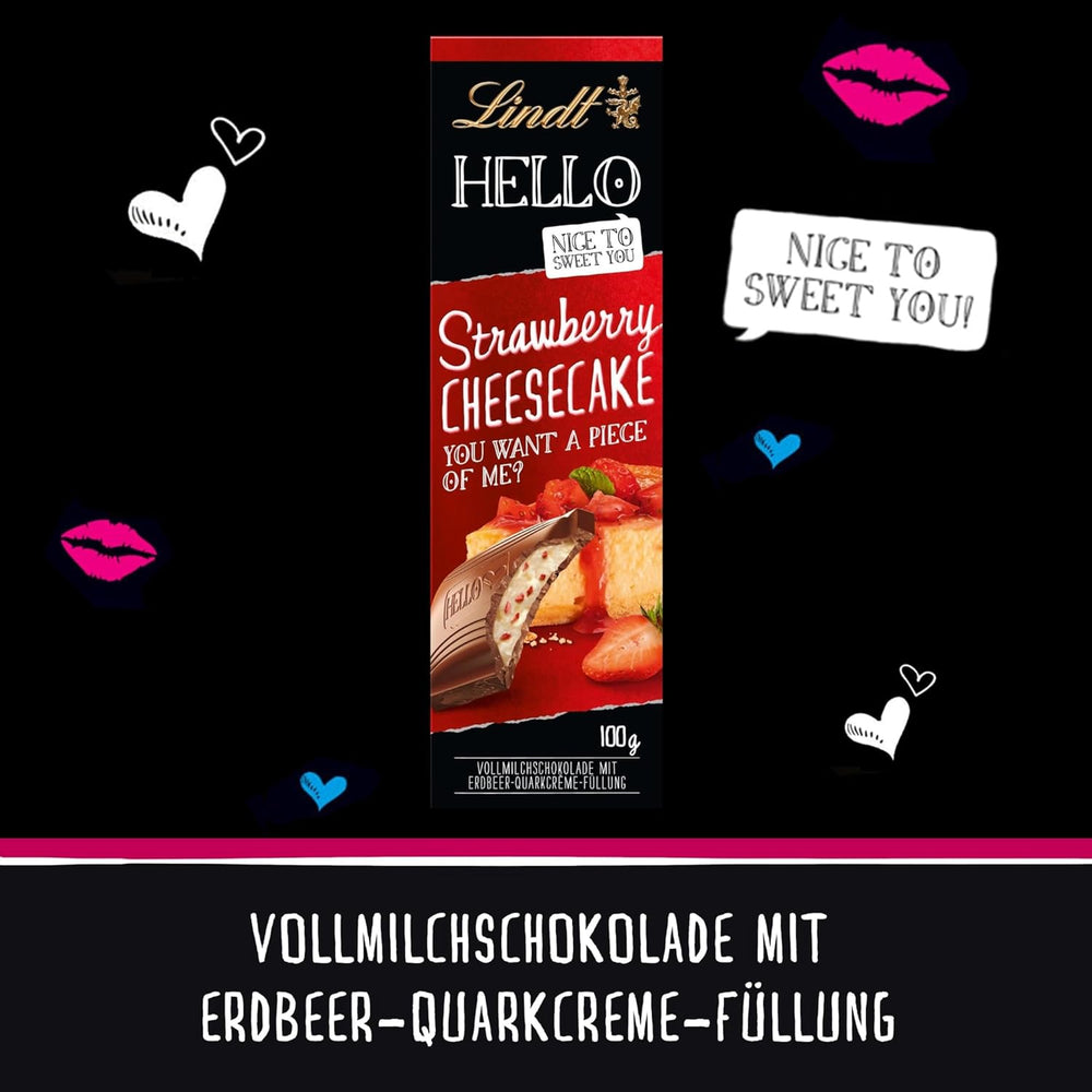 Lindt HELLO epres csokoládé sajttorta | Rúd 100g | Tejcsokoládé eper túrókrémes töltelékkel | Csokoládé | Csokoládé ajándék (5 db-os csomag)