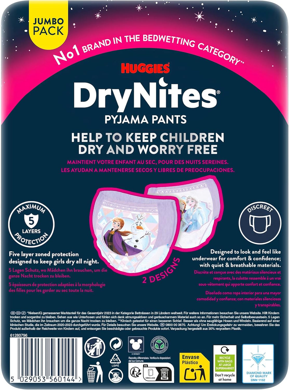 Huggies DryNites szuper nedvszívó éjszakai pelenkák lányoknak 3-4 éves korig (12-21 kg) 4 x 16 darab (összesen 64 darab) havi bugyicsomag
