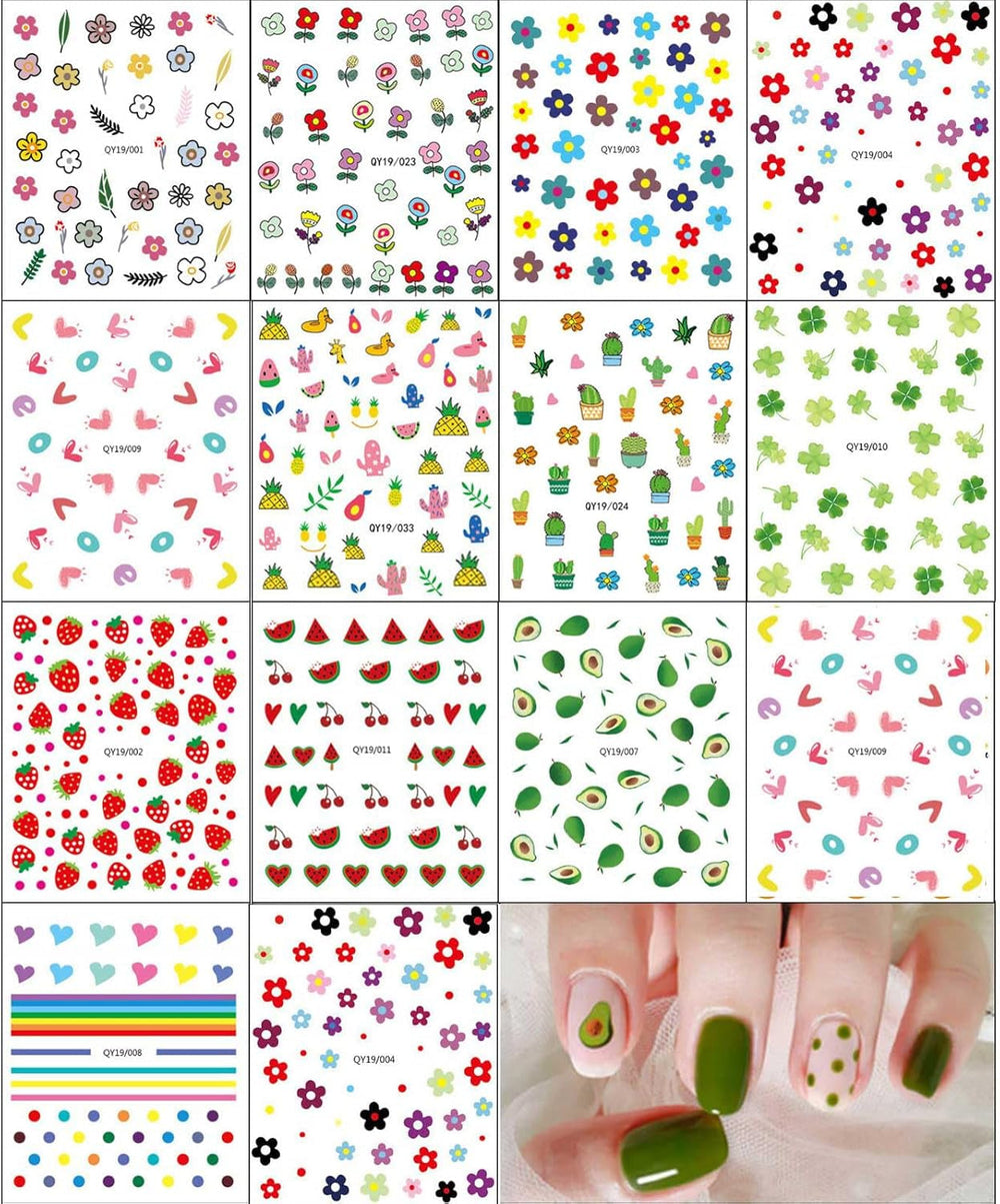 JMEOWIO Süße Nagelsticker Für Kinder 14 Blatt Nail Art Sticker Selbstklebend Nagelaufkleber Regenbogen Blumen Frucht Dekoration Nageldesign Zubehör