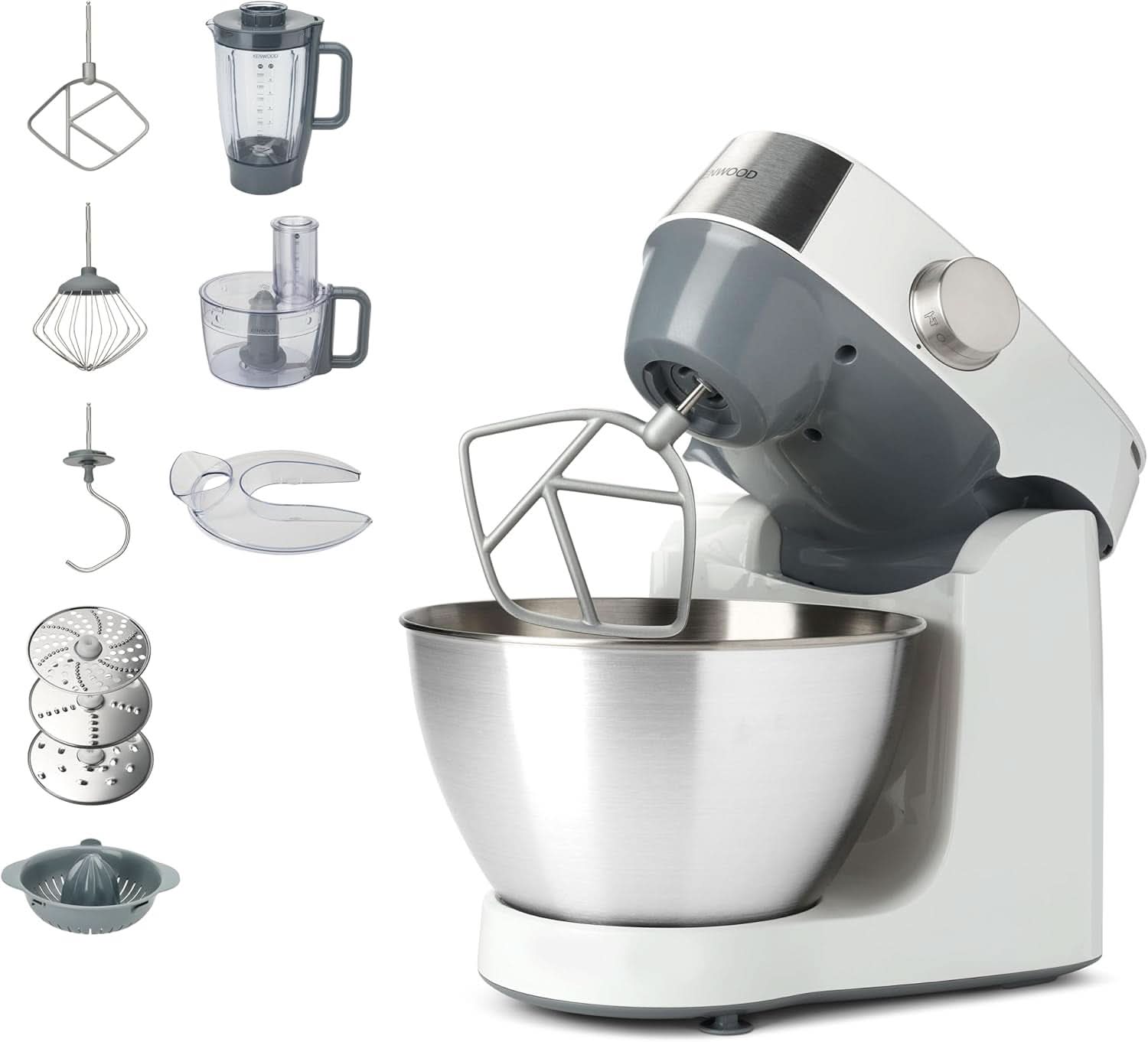 Kenwood Prospero+ KHC29A.R0SI Küchenmaschine, 4,3 L Edelstahlschüssel, Inkl. 10-Teiligem Zubehör-Set Mit Fleischwolf, Glas-Mixer, Zitruspresse, Entsafter Und Mehr, Inkl. Easyweigh Waage, 1000W, Silber Mama si Copilul Naty Shop Weiß Inkl. 7 Zubehörteilen