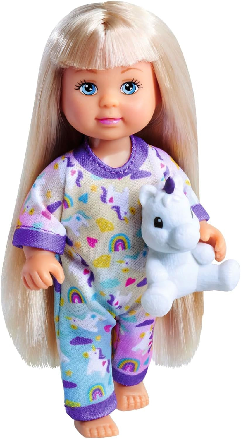 Simba Evi Love Pijama, 3-Fach Sortiert, es Wird nur EIN Artikel gelifert, Puppe in einem süßen Pijama mit Einhornkuscheltier, 12cm Spielpuppe, ab 3 Years