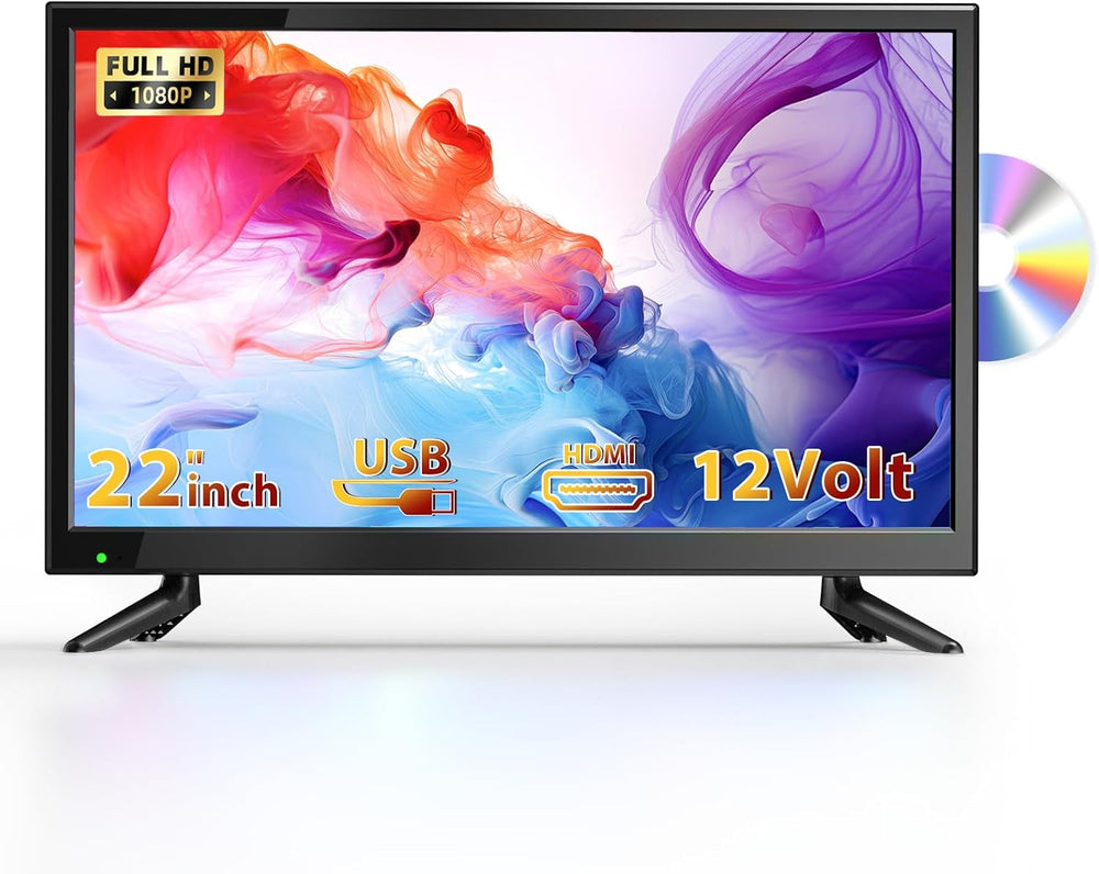 Noi îmbunătățiri - Televizor mic Desobry de 22 de inci cu DVD player, mini TV 1080P tuner DVB-T2 cu antenă, intrare HDMI/USB, combinație TV-DVD de 12V pentru autorulote, bucătării și camere mici