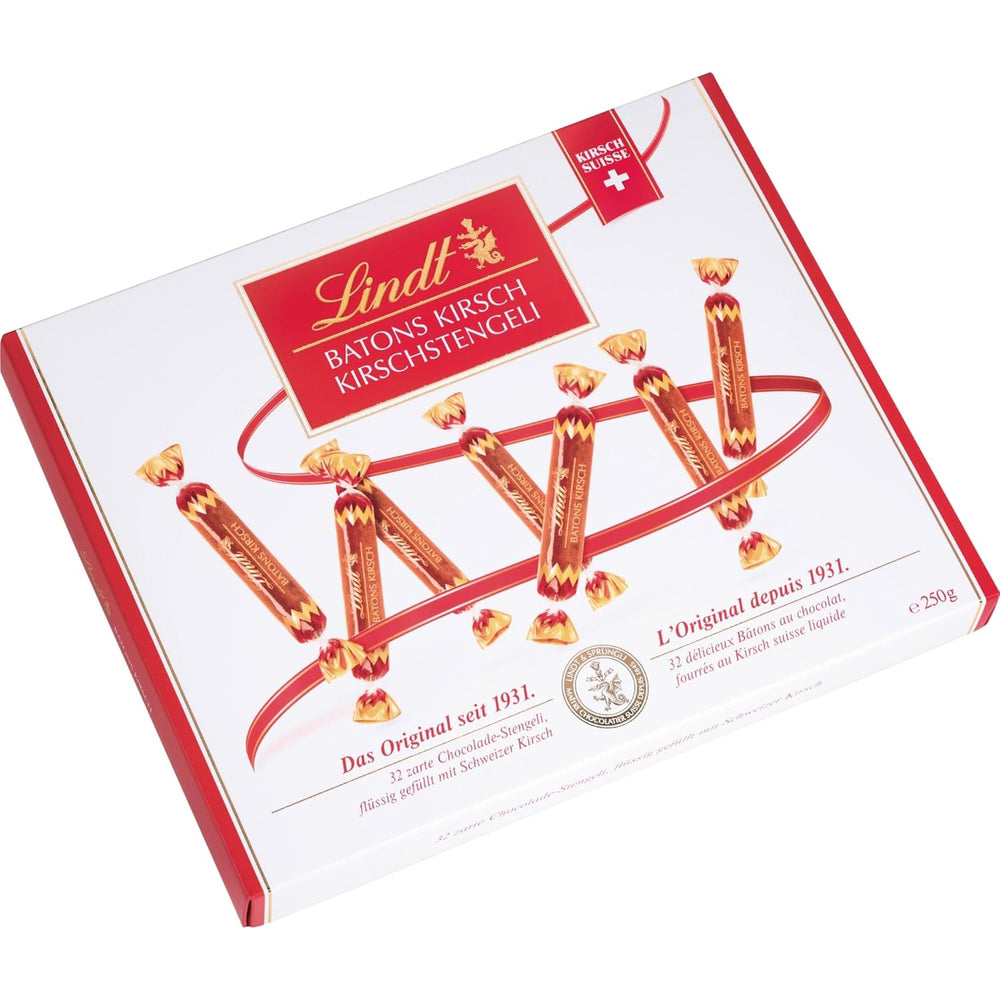 Lindt csokoládészeletek cseresznyeszárral | 250 g 32 Swiss Cherry folyadékkal töltött tejcsokoládé szeletek | Ajándék csokoládé alkohollal | Csokoládé ajándék