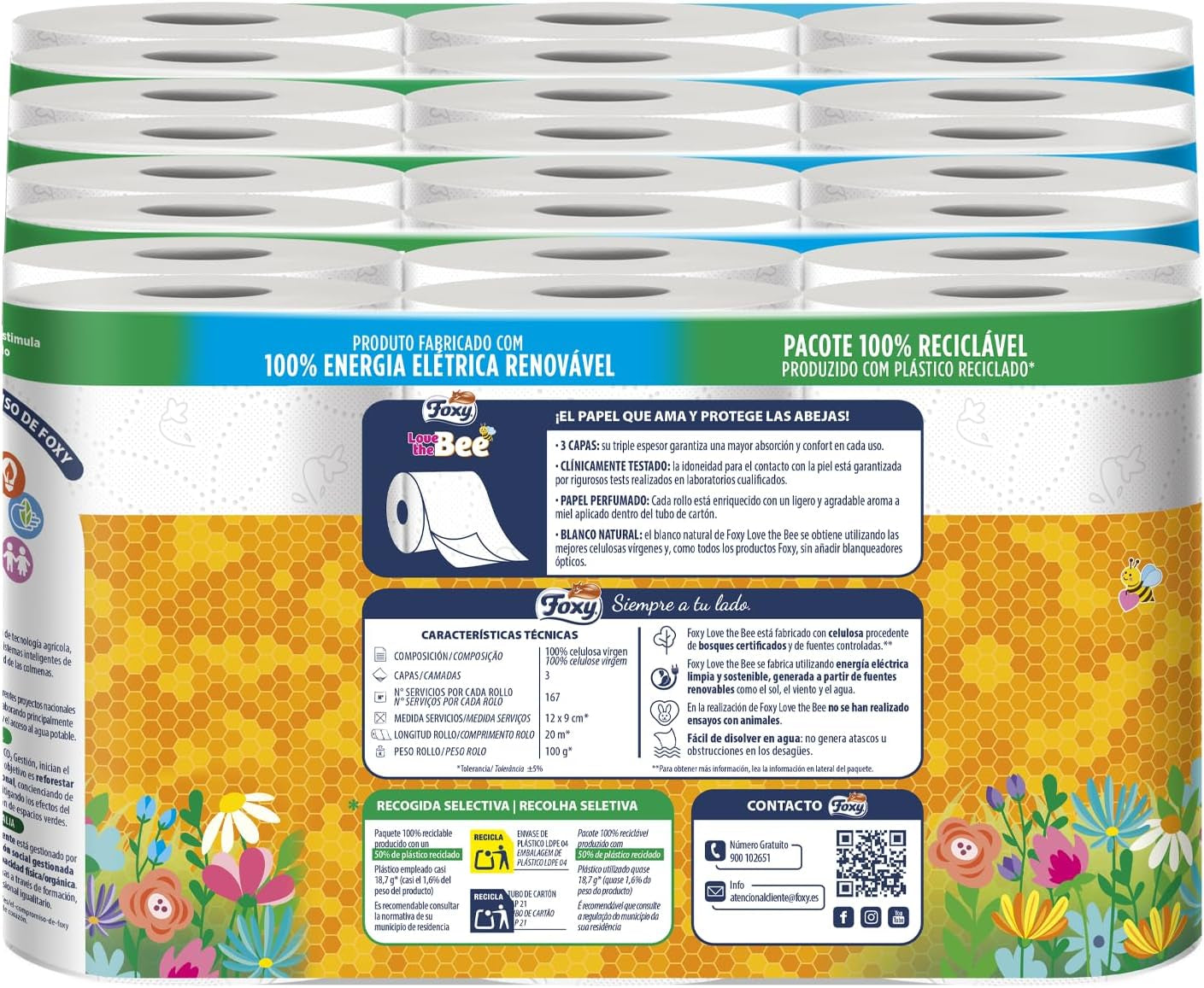 Love the Bee | Hârtie igienică cu 3 straturi | 48 role | 167 servicii pe rolă | Certificată Fsc | Energie electrică 100% regenerabilă | Ambalaj reciclabil fabricat din plastic reciclat