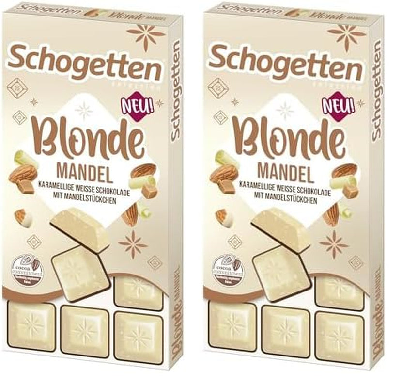 Schogetten Blonde Mandula | Fehér csokoládé karamellel és manduladarabokkal | 100 g | Kényelmesen adagolható (2 db-os csomag)