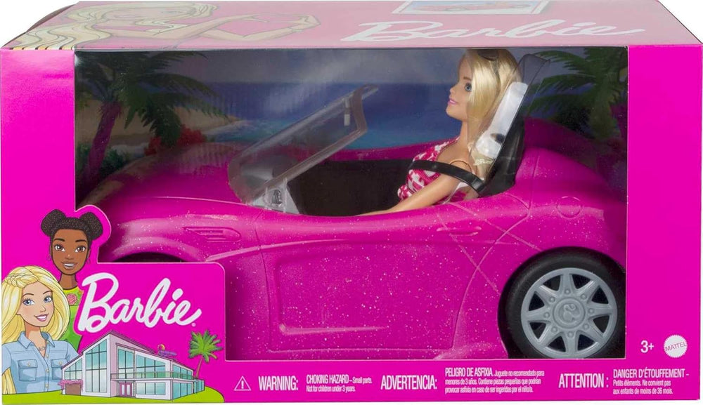 Păpușă Barbie și decapotabilă roz cu sclipici, anvelope realiste, logo, jucărie pentru vârste de la 3 ani în sus, DJR55