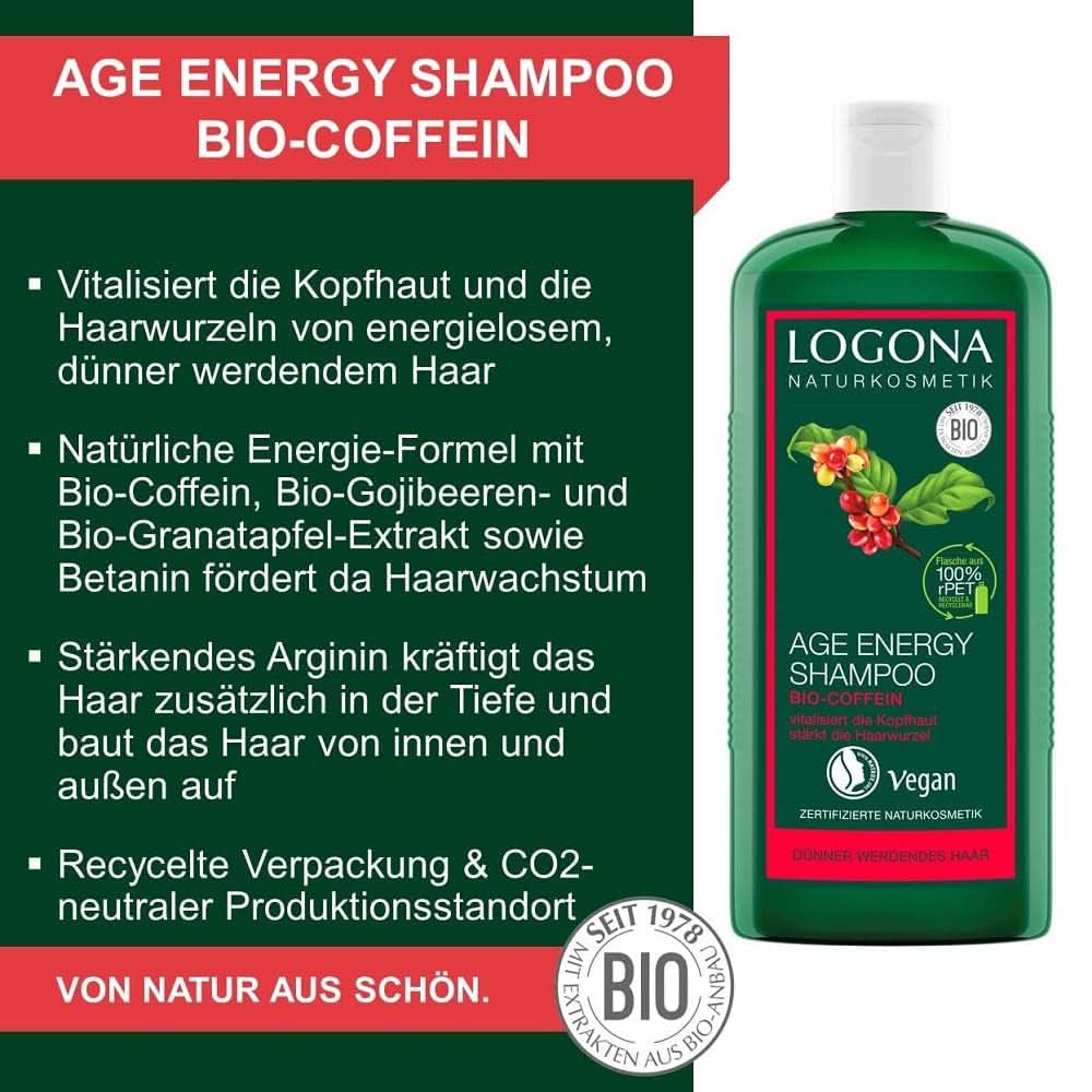 LOGONA natúrkozmetikumok, sampon, bio koffein vegán formula, 250 ml zuhany és fürdő Naty Shop