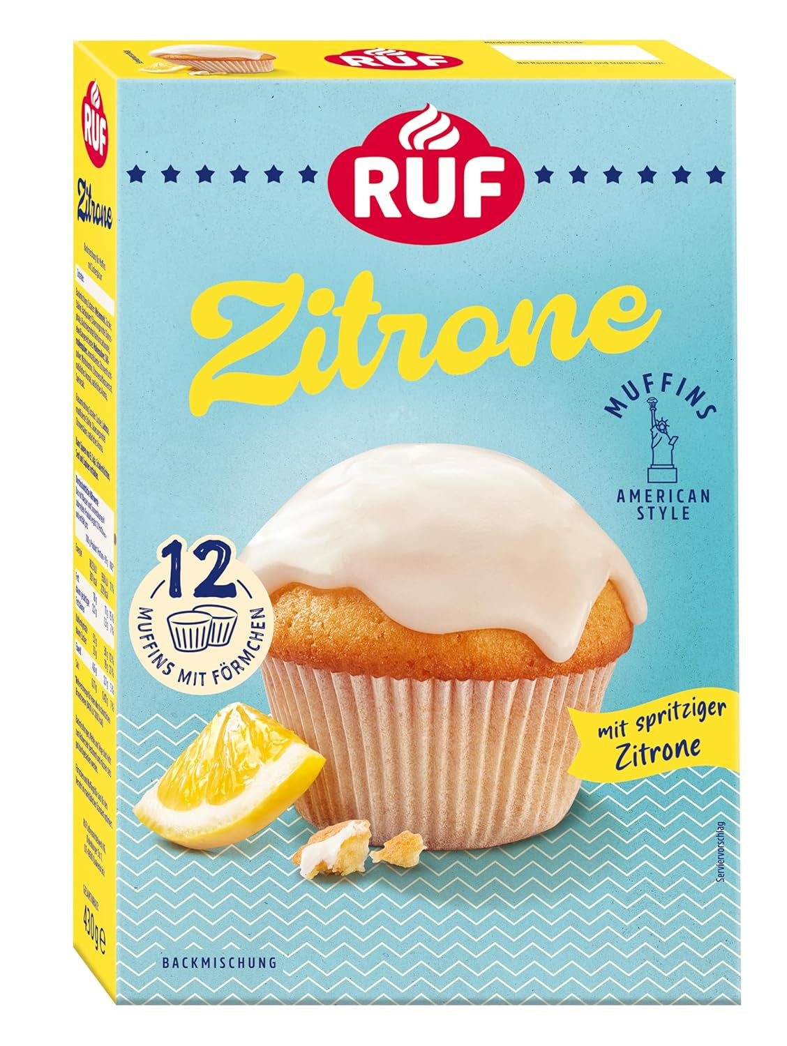 RUF Cheesecake-Muffins Backmischung, American Style Muffins Mit Cremiger Füllung, Einfache Zubereitung, 12 Muffin-Förmchen Inklusive Naty Shop Zitrone 430 G (1 Er Pack)