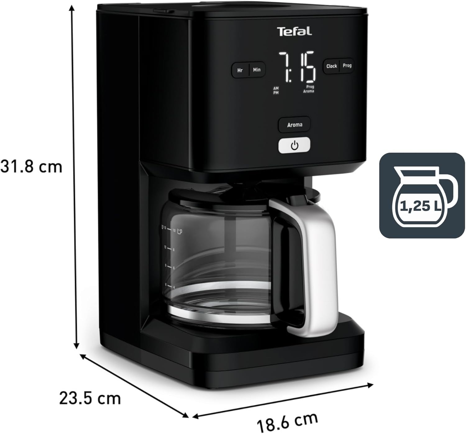 Espressor Tefal Smart'n Light cu temporizator, espressor cu filtru programabil 1,25 l, funcție de aromă pentru o aromă intensă, funcție de menținere la cald, anti-picurare și ușor de curățat, negru