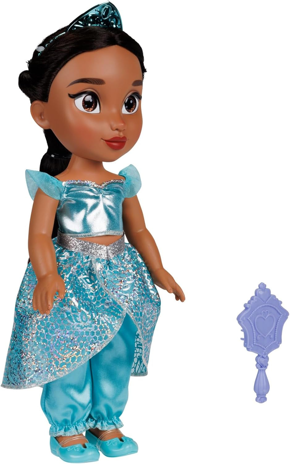 Disney Princess Jasmin Puppe 35 cm, reflektierende Glitzeraugen, bewegliche Gelenke, ausziehbares Outfit, Schuhe, Krone, langes geflochtenes Haar, für Mädchen ab 3 Jahren