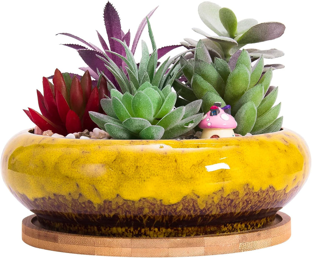 Ghivece mari pentru plante suculente cu farfurioare din bambus, jardiniere ceramice pentru cactus de 18,5 cm, ghivece rotunde pentru flori, recipiente pentru bonsai pentru grădină, birou, decorare birou