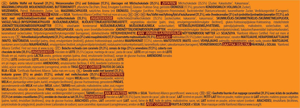 Tejcsokoládéval bevont földimogyorós csokoládészelet, Ízletes karamell töltelék, földimogyoró és ropogós ostya, ömlesztett cukorka csomag, 1 csomag (5 x 31 g)