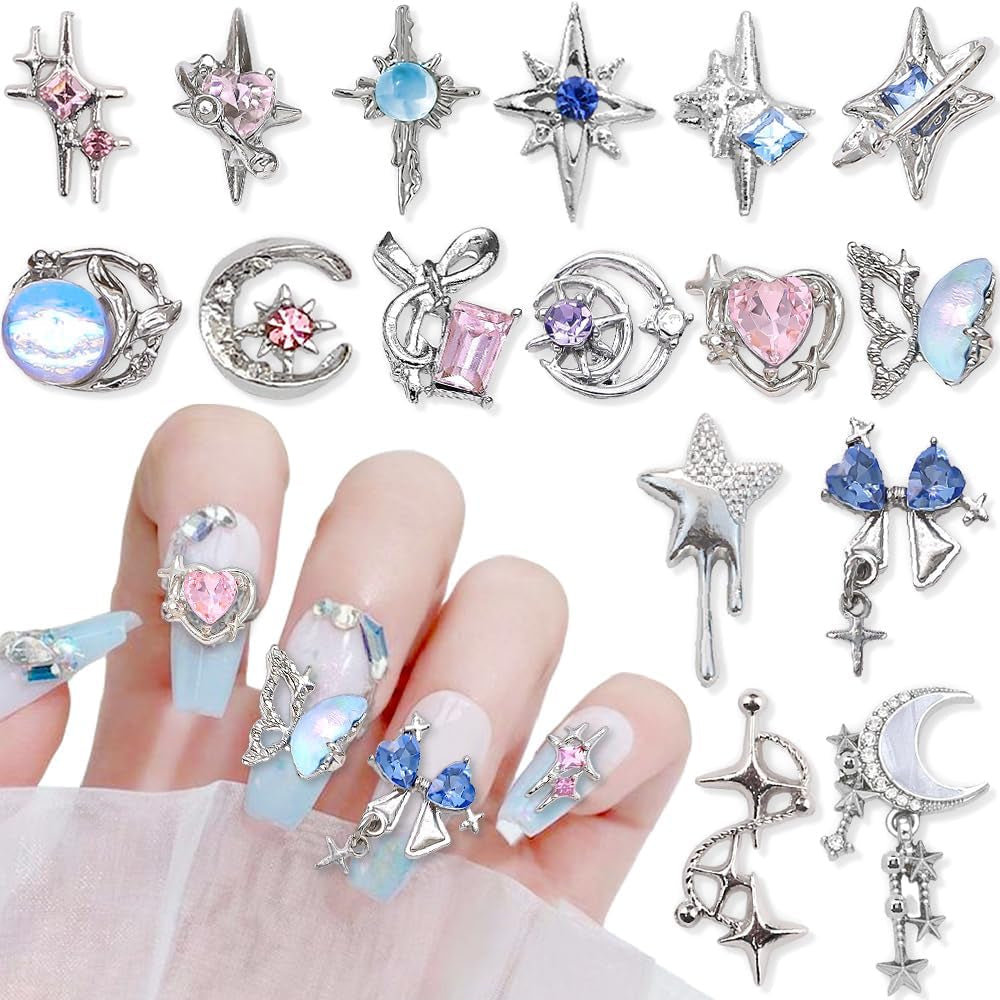 16 Stile Luxus Mond Stern Nagel Charms 3D Nail Charms Y2K Legierung Strasssteine Bogen Schmetterling Nagel Schmuck Metall Nail Art Charms Nägel Glitzersteine Nailart Rhinestones Nageldesign Zubehör