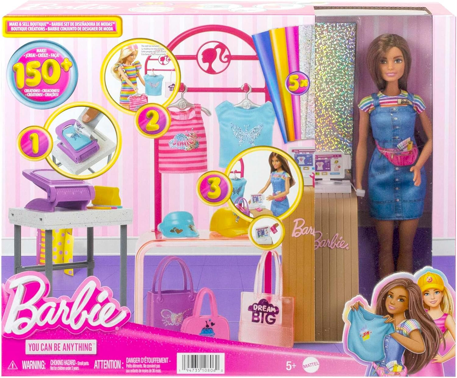 Set de joacă Barbie Fashion Boutique - Păpușă cu modele din folie, peste 150 de look-uri originale, include 2 bluze și 5 foi din folie, suport pentru haine și cititor de carduri de credit, vârste 3+, HKT78