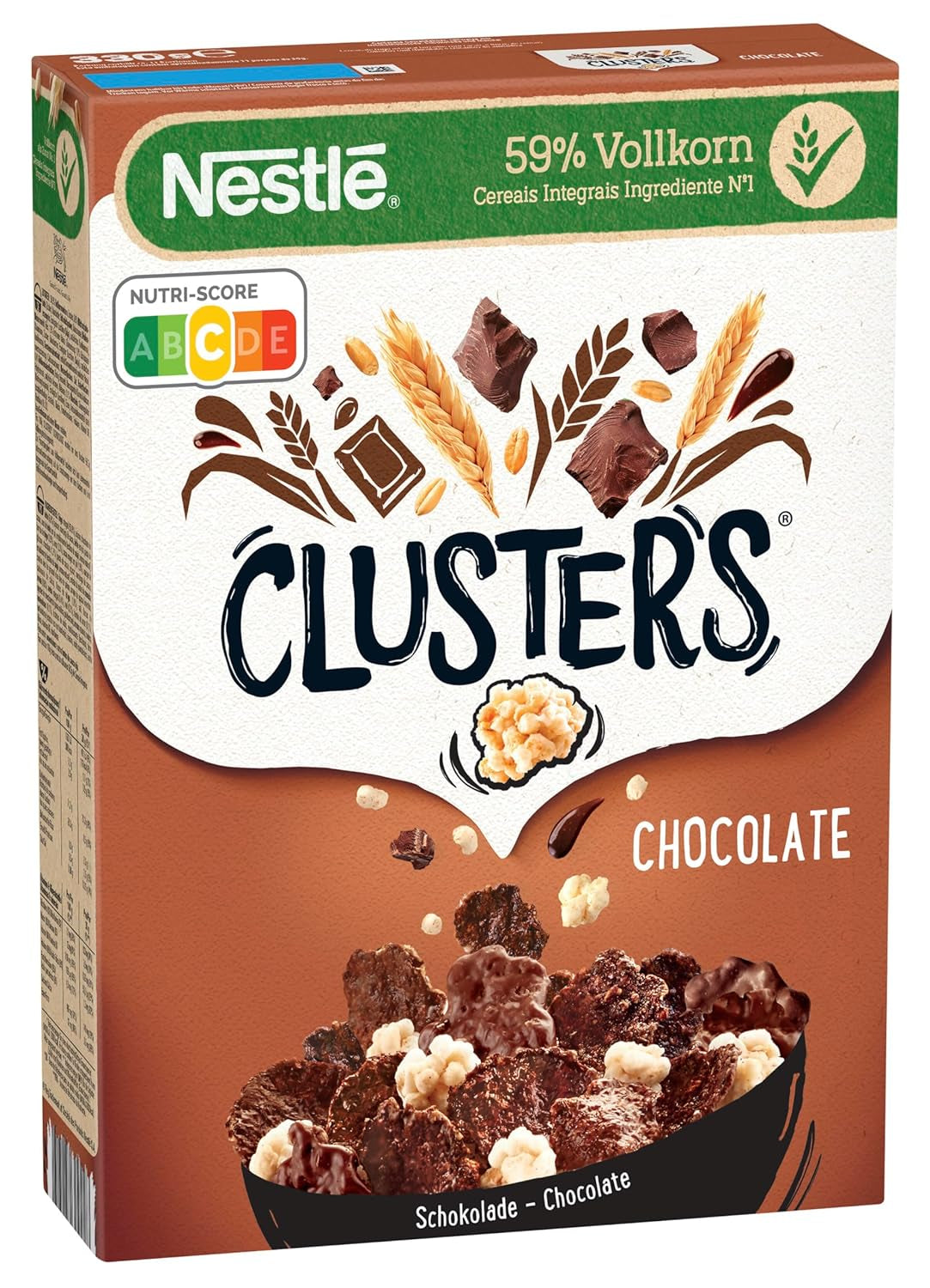 Nestlé CLUSTERS Csokoládé, 59% teljes kiőrlésű gabonapelyhek, csokoládéval és mandulával, vitaminokat, kalciumot és vasat tartalmaz, 1 csomag (1 x 330 g)