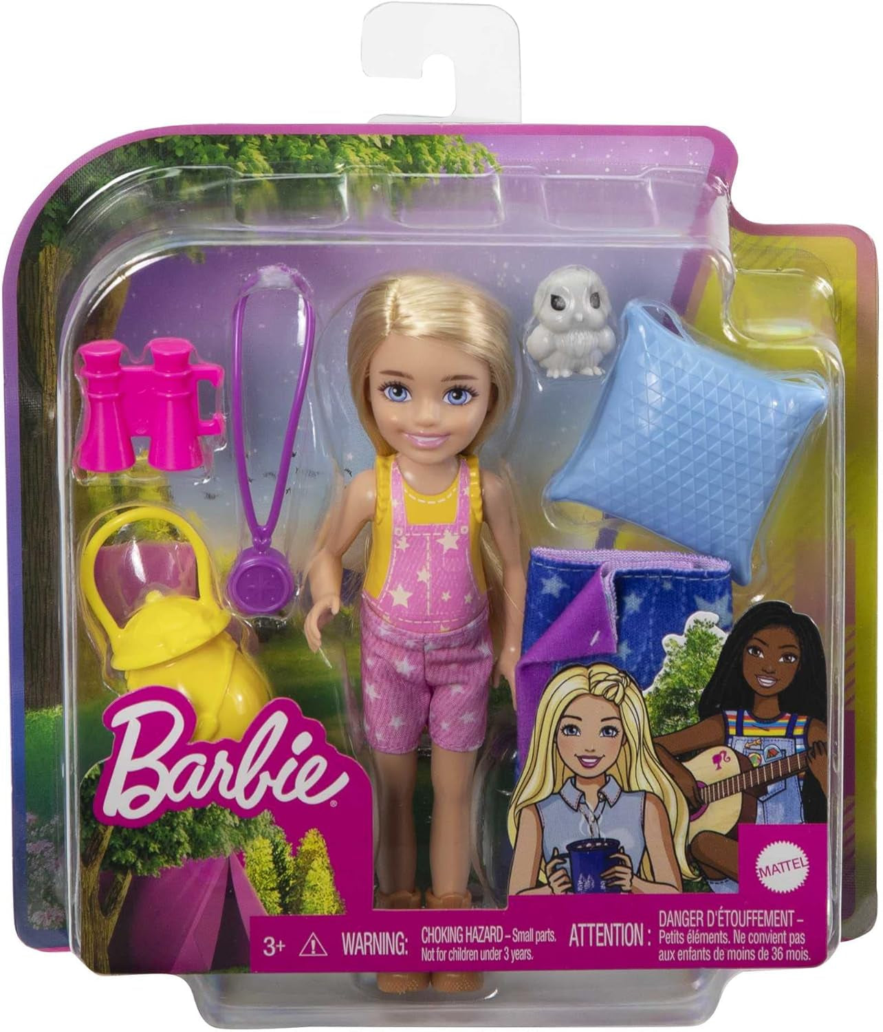 Barbie Chelsea Serie, Chelsea Camping Puppe mit blonden Haaren, Haustier Eule, Schlafsack, Kissen, Laterne, Fernglas, Camping Zubehör, Geschenk für Kinder, Spielzeug ab 3 Jahre, HDF77