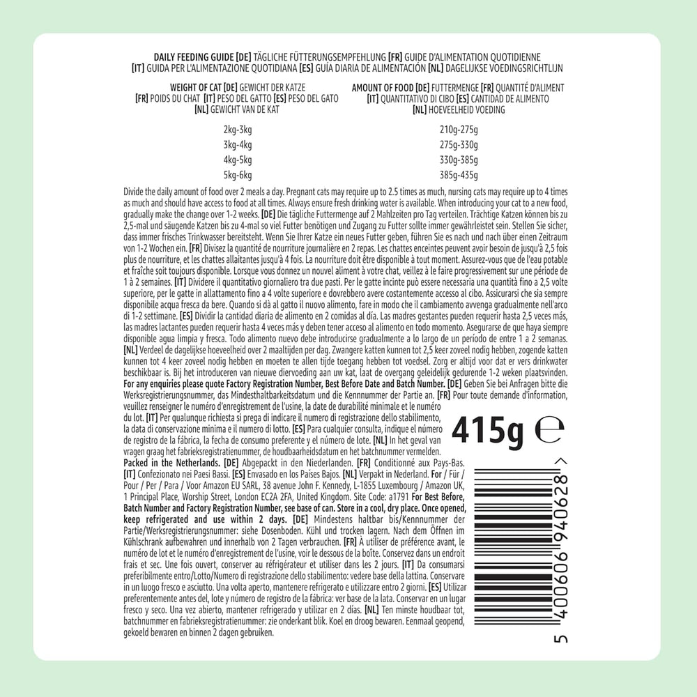 Hrană umedă pentru pisici fără cereale de la Amazon, la conservă, bucăți de pui în jeleu, 12 x 405 g