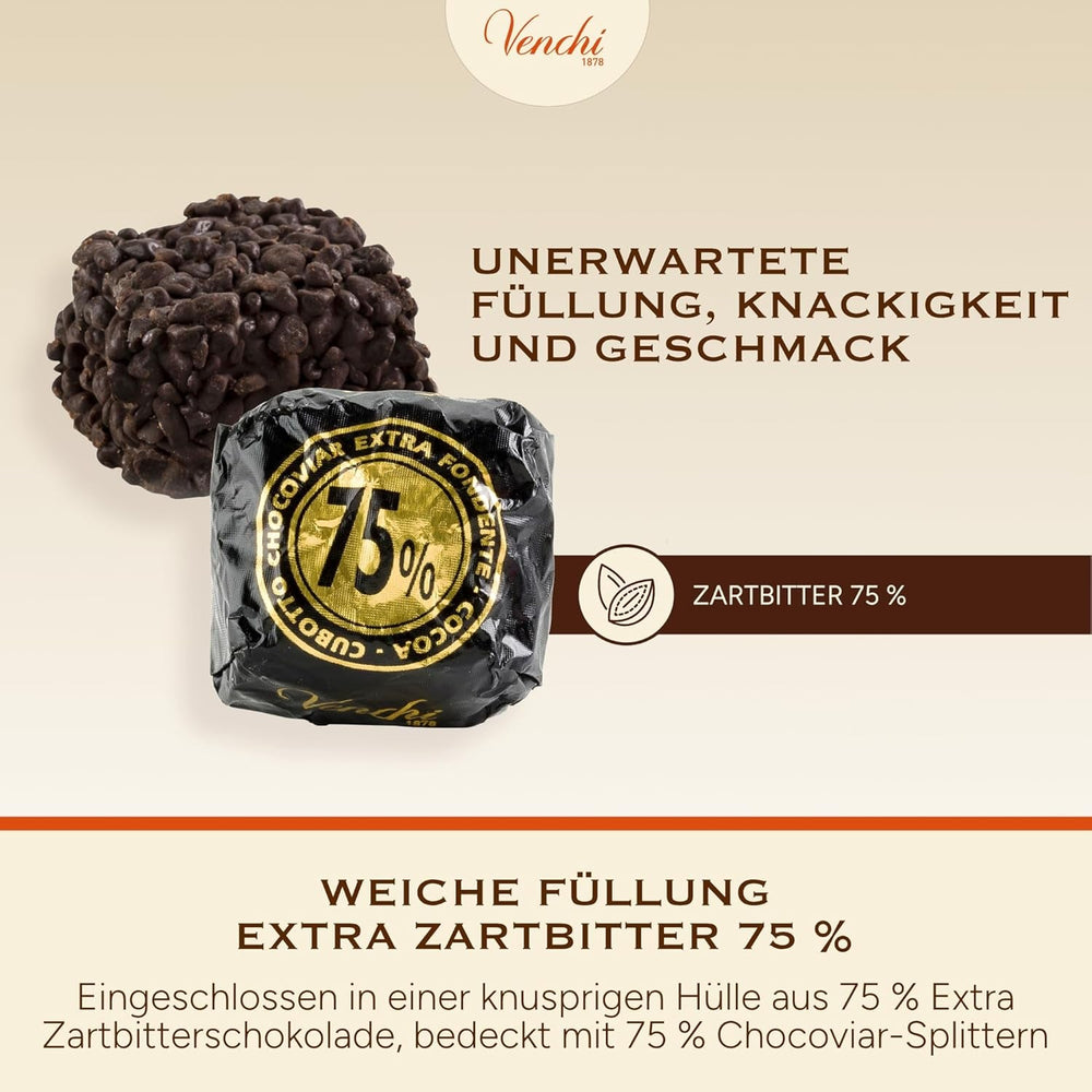 Venchi - Cuburi Chocoviar 75% - Praline cu umplutură "Cuor di Cacao", ciocolată neagră extra și granule Chocoviar 75% - pachet vrac de 1 kg - Vegan - Fără gluten