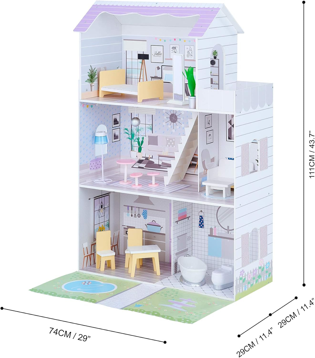 Teamson Kids Casa de păpuși gigantică Olivia's Little World cu 16 accesorii pentru păpuși, casă de păpuși din lemn cu mobilier, cu 3 etaje, casă de păpuși pentru copii de 30 cm, vârste 3+