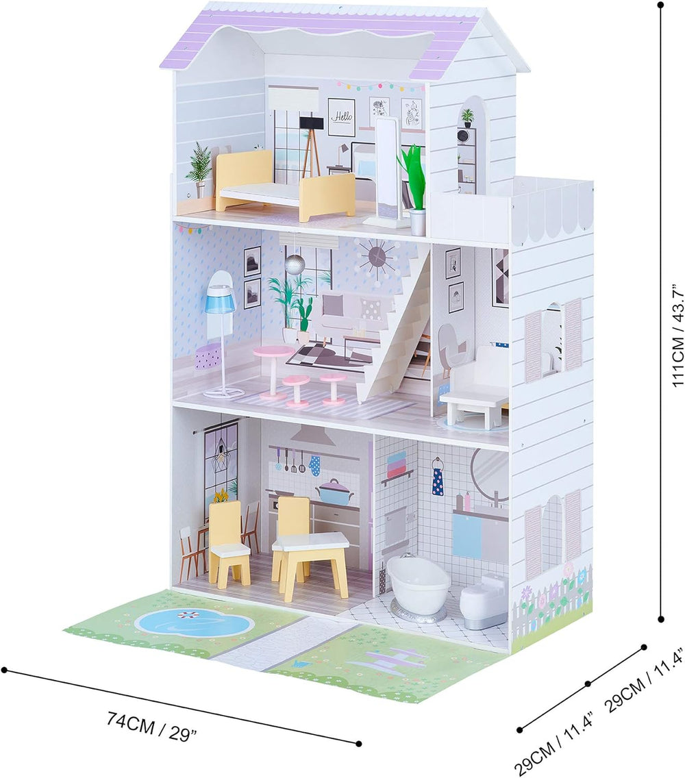 Teamson Kids Casa de păpuși gigantică Olivia's Little World cu 16 accesorii pentru păpuși, casă de păpuși din lemn cu mobilier, cu 3 etaje, casă de păpuși pentru copii de 30 cm, vârste 3+