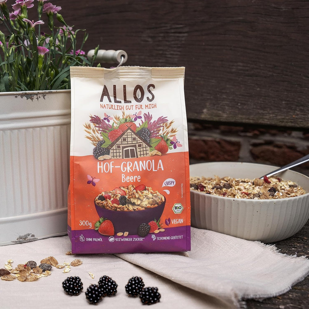 Allos Hof Granola bogyós gyümölcsökkel | Bio müzli | Müzli bogyókkal | Ropogós müzli | Gabonafélék reggelire | 6 db-os kiszerelés (6 x 300g), 1 db (6 db-os csomag)