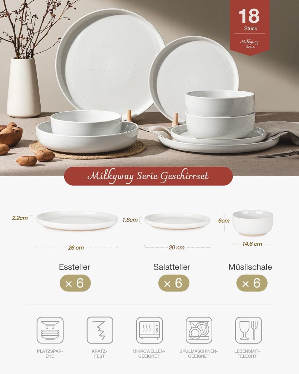 Set de veselă Milkyway, set de farfurii cu 18 piese, set de veselă din gresie pentru 6 persoane cu farfurii de cină, farfurii de desert, boluri pentru cereale, potrivit pentru cuptorul cu microunde și mașina de spălat vase, alb