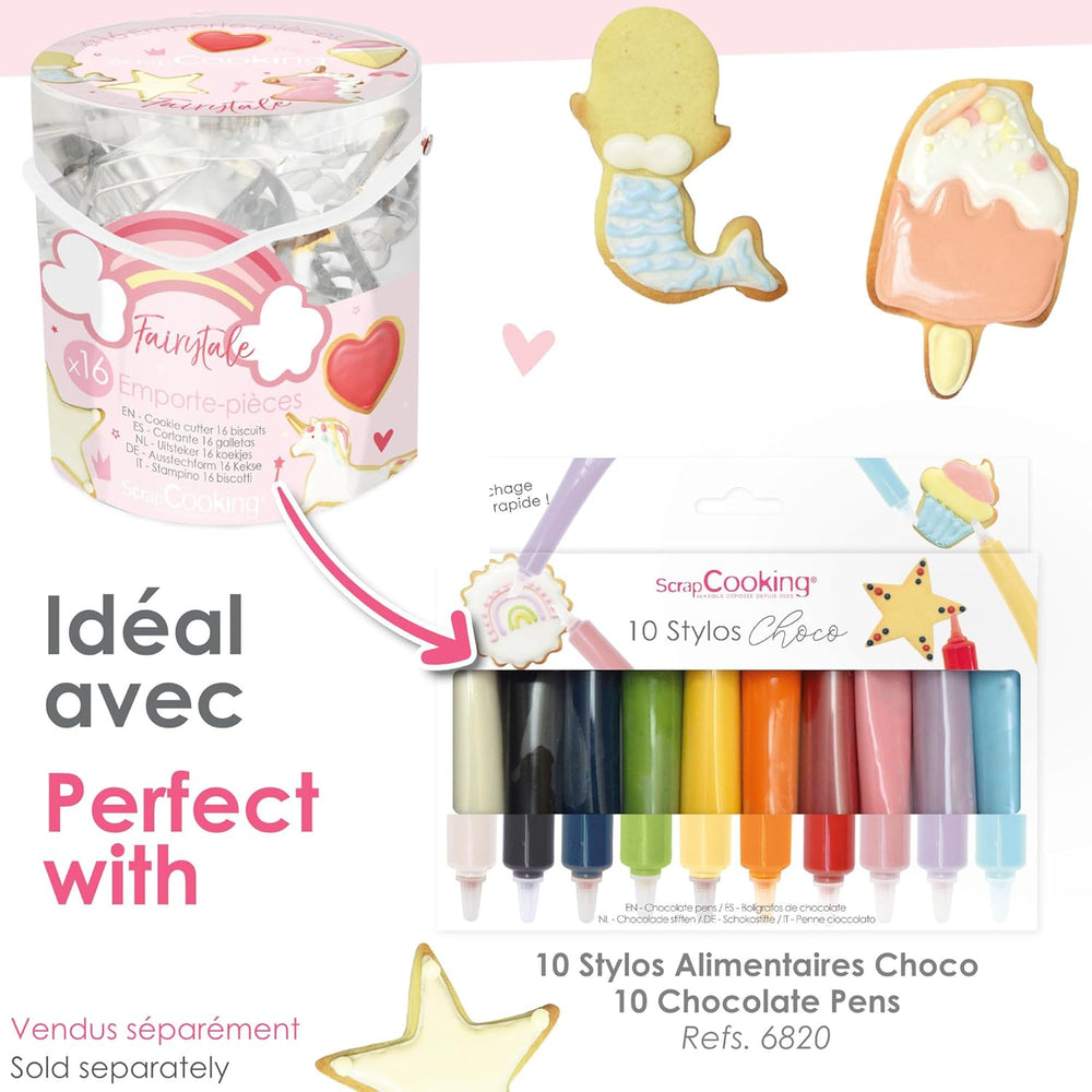 ScrapCooking - Set de 16 forme de biscuiți Unicorn - Forme de biscuiți - 16 piese - Curcubeu, Zână, Sirenă, Coroană, Floare - Formă de copt - Forme de biscuiți din oțel inoxidabil - 2027