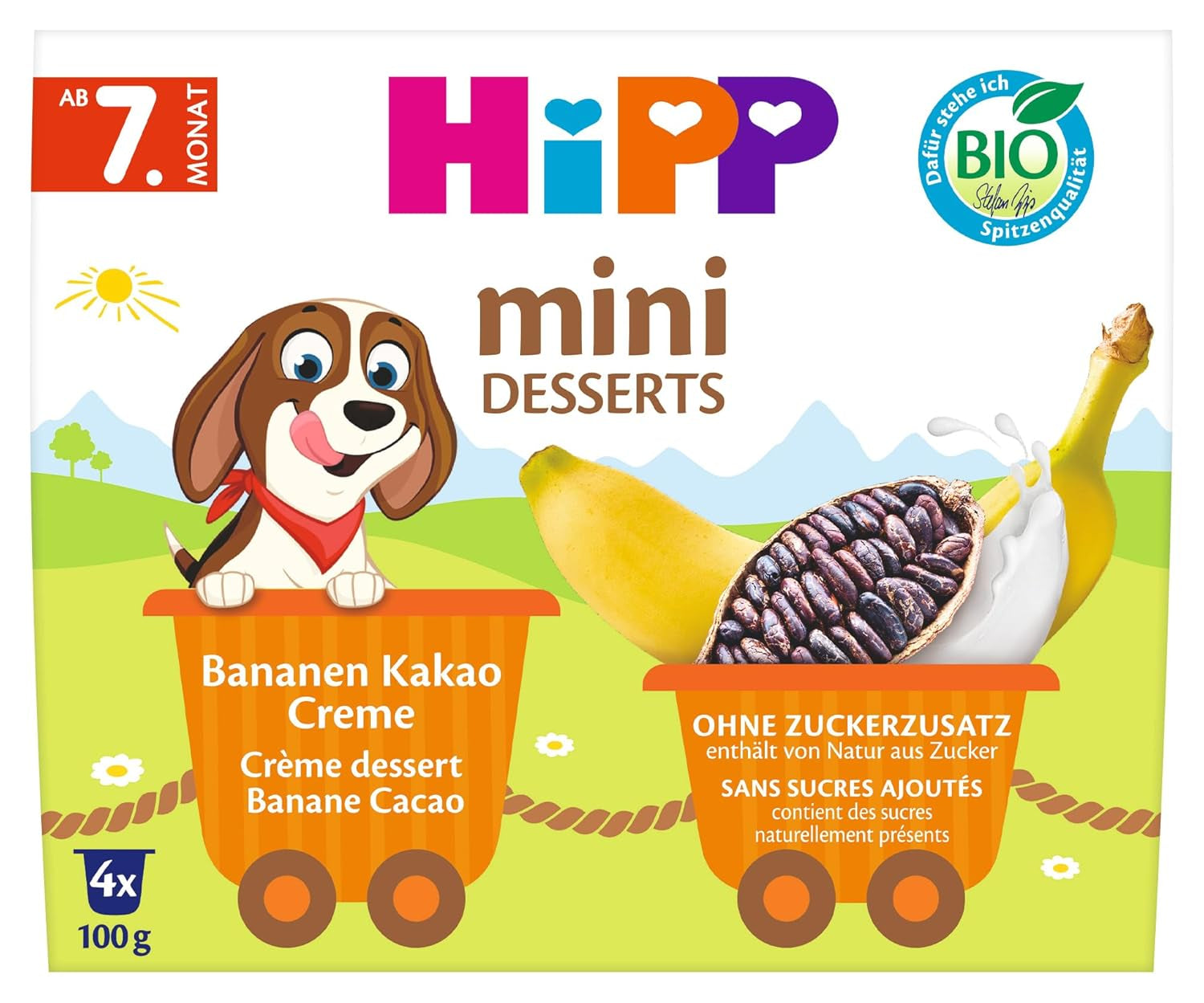HiPP Mini Dessert Bio banán és kakaókrém (6 x 4 x 100 g-os kiszerelés), 7 hónapos kortól, praktikus csészékben, hozzáadott cukor nélkül, a legjobb bio minőségben