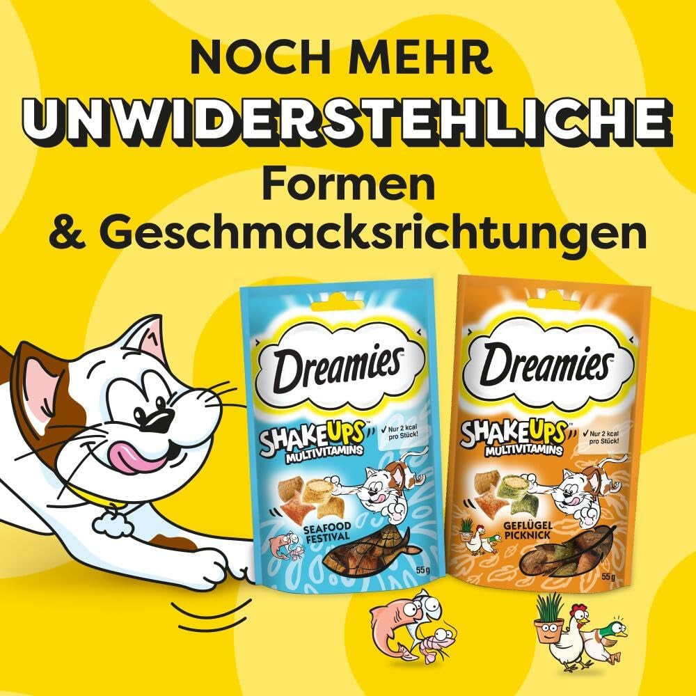 DREAMIES SHAKE UPS Multivitamine Seafood Festival, recompense pentru pisici în pliculețe porționate - 55g (6 pliculețe)