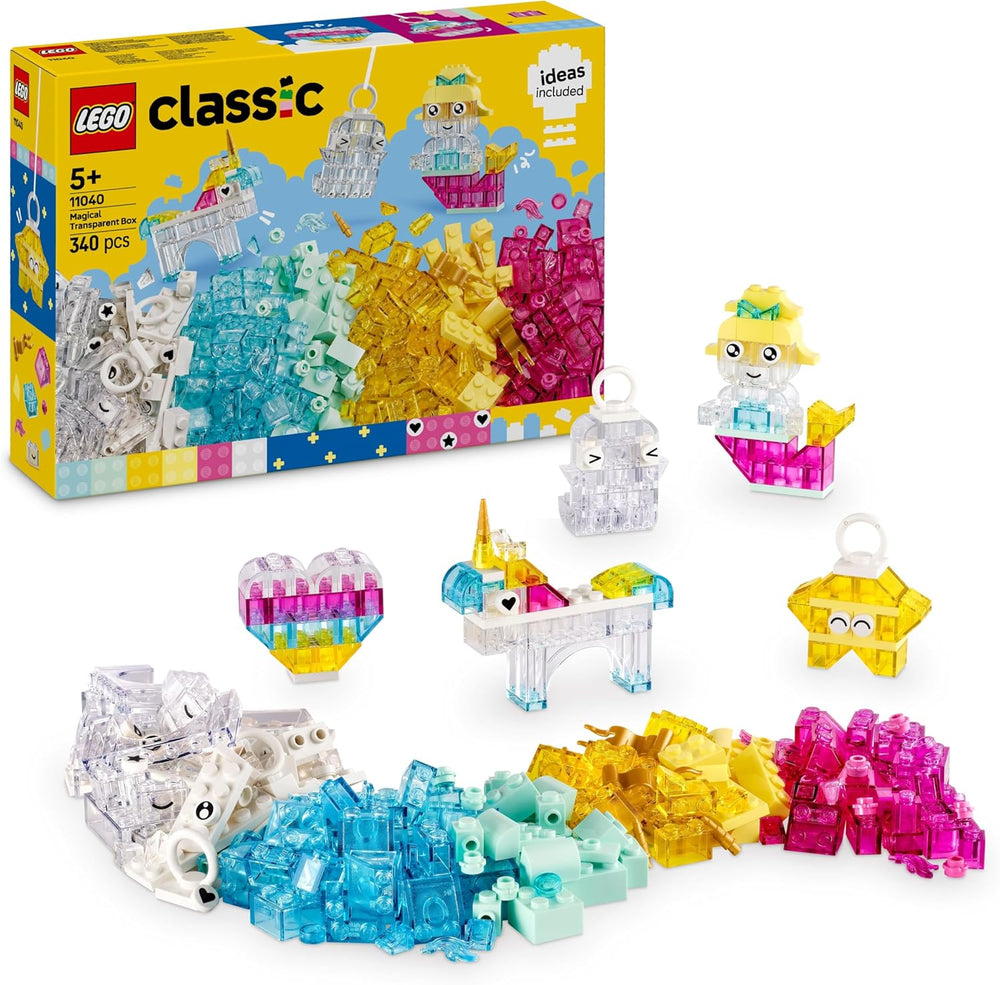 LEGO Classic Zauberbox mit durchsichtigen Steinen - Farbenfrohe Bausteine ​​und Aufhängersteine ​​- Einhorn, Drache, Pinguin und weitere Figuren - Bastelset für Mädchen & Jugen ab 5 Jahren 11040