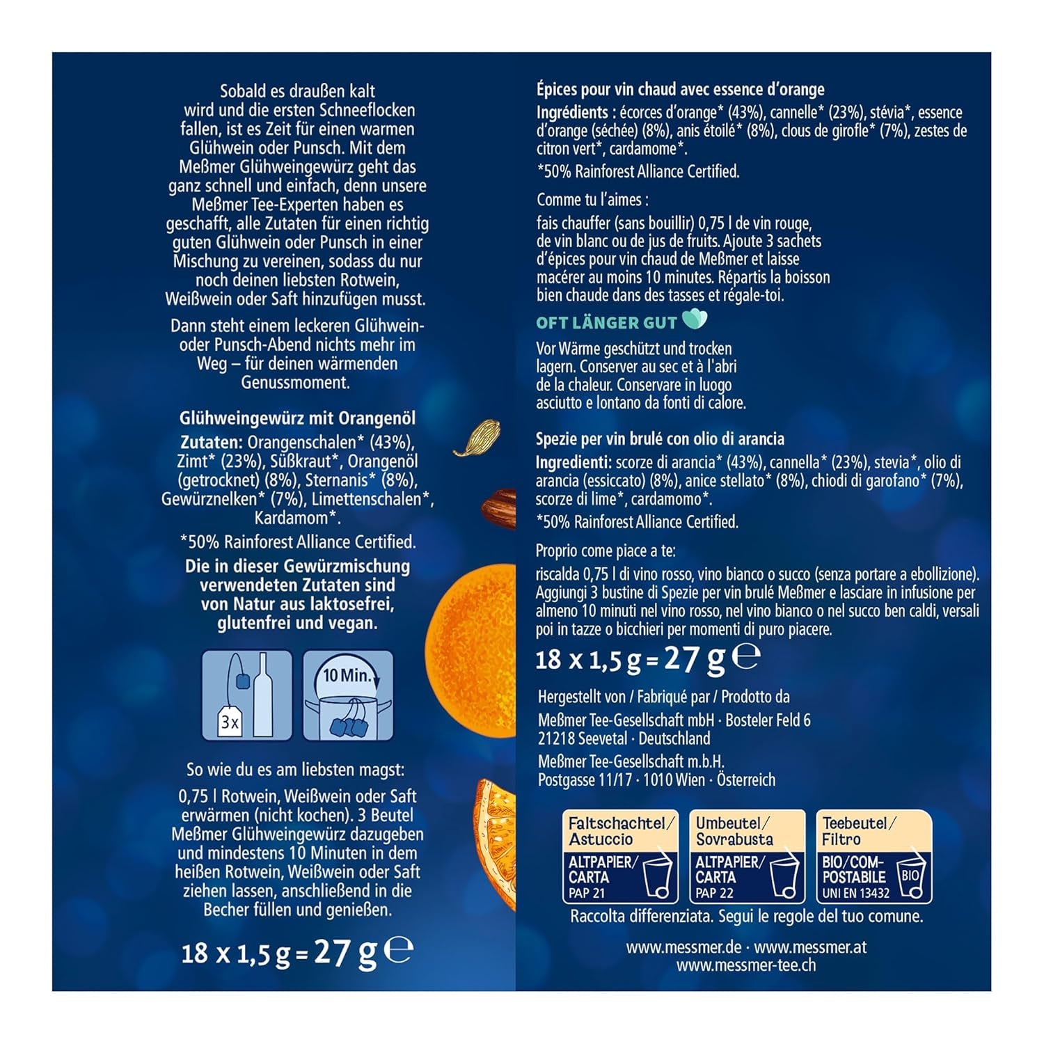 Meßmer Glühweingewürz | Borhoz vagy gyümölcsléhez | 18 Teebeutel | Gluténmentes | Laktózmentes vegán