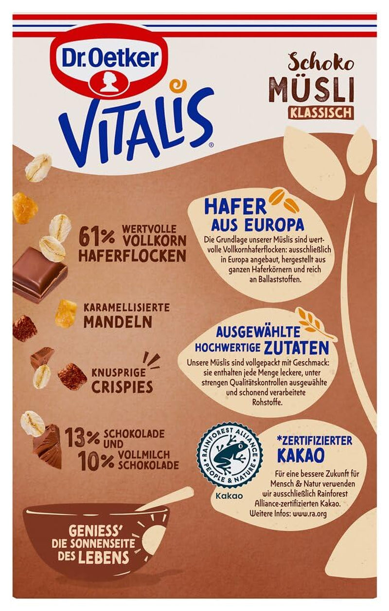 Dr. Oetker Vitalis csokoládé müzli klasszikus: Reggeli müzli tejjel és étcsokoládéval, 7 db-os (7 x 600g) csomag