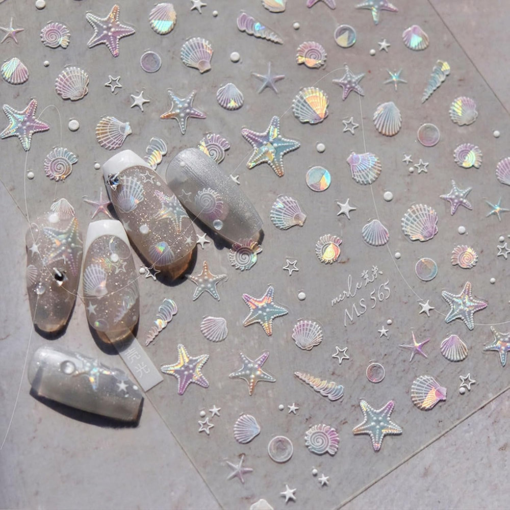 JMEOWIO 3D Nagelsticker Aurora Muschel Seestern Nail Art Sticker Selbstklebend Nagelaufkleber 5D Stereoskopisch Ozean Thema Dekoration Nageldesign Zubehör 1 Blatt