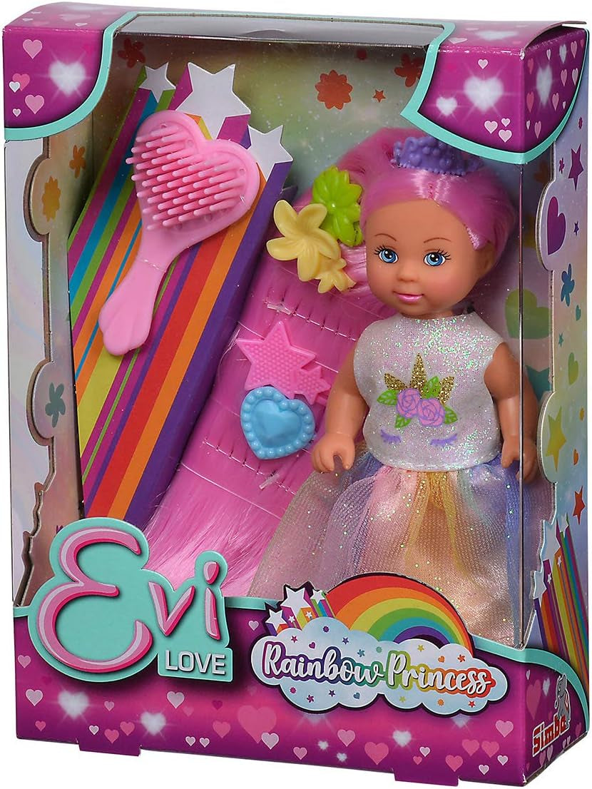 Simba Evi Love Rainbow Princess / Puppe als Regenbogenprinzessin mit Langen Haaren / 4 Haarclips und Bürste / 12cm / Für Kinder ab 3 Jahren, 105733505