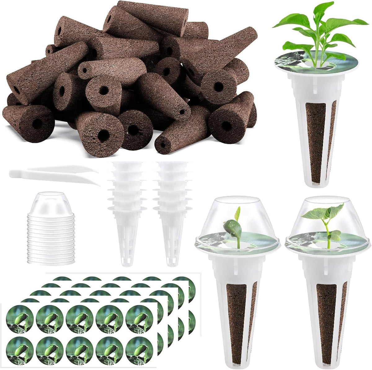 125 bureți de creștere, 50 bureți de creștere de schimb, accesorii hidroponice pentru sisteme de înființare cu 50 de etichete, 12 capace izolatoare, 12 coșulețe pentru plante, 1 pensetă