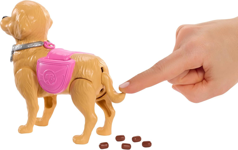 Barbie Hundespaziergang Spielset, enhtät einen Spielzeughund der gehen und Häufchen Machen kann, eine Barbie Malibu-Puppe sowie EIN Kehrset und Hundezubehör, JJB46