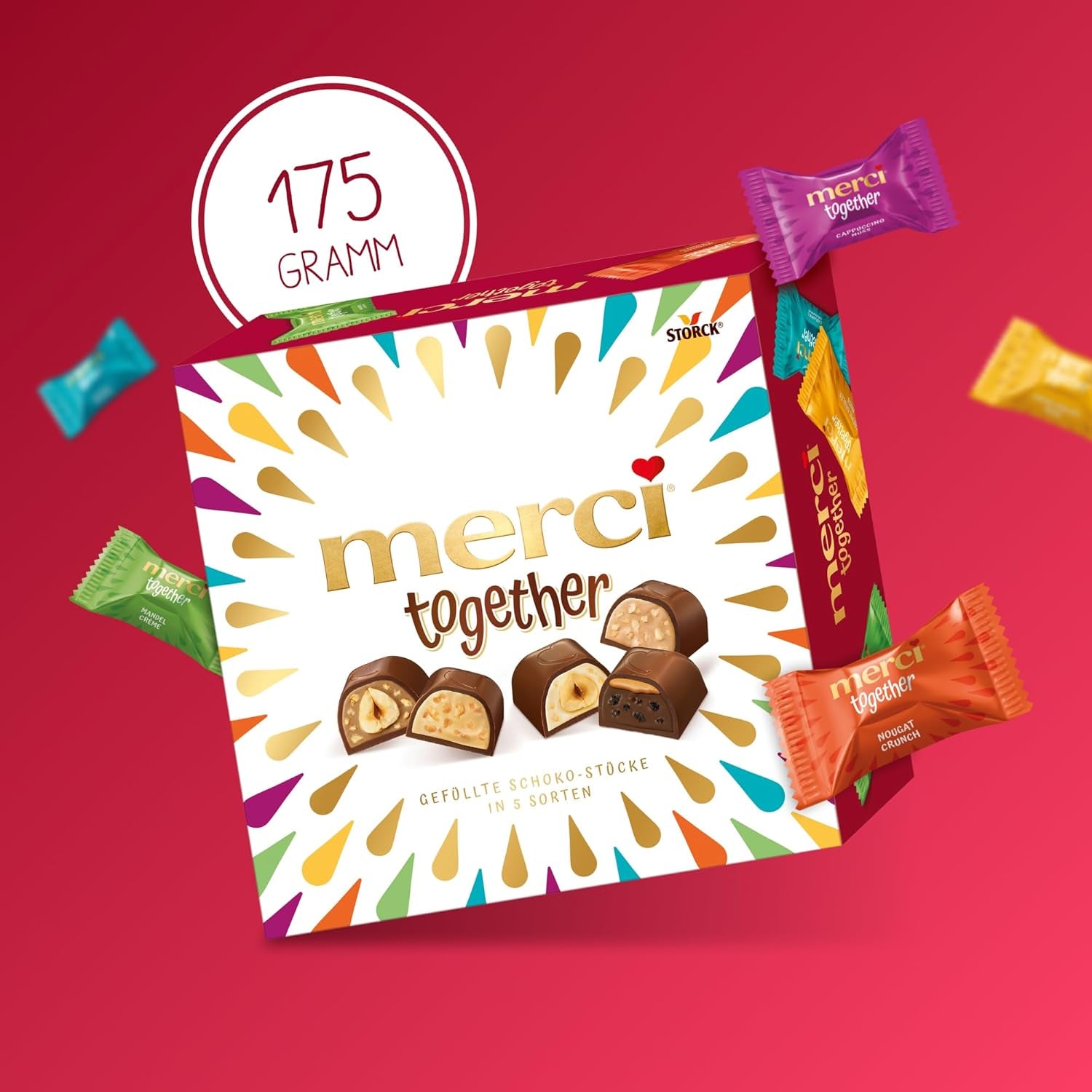 Merci Together - 1 x 175g - Ötféle töltött csokoládé finom tejcsokoládéval - Csokoládé praliné megosztva és ajándékba