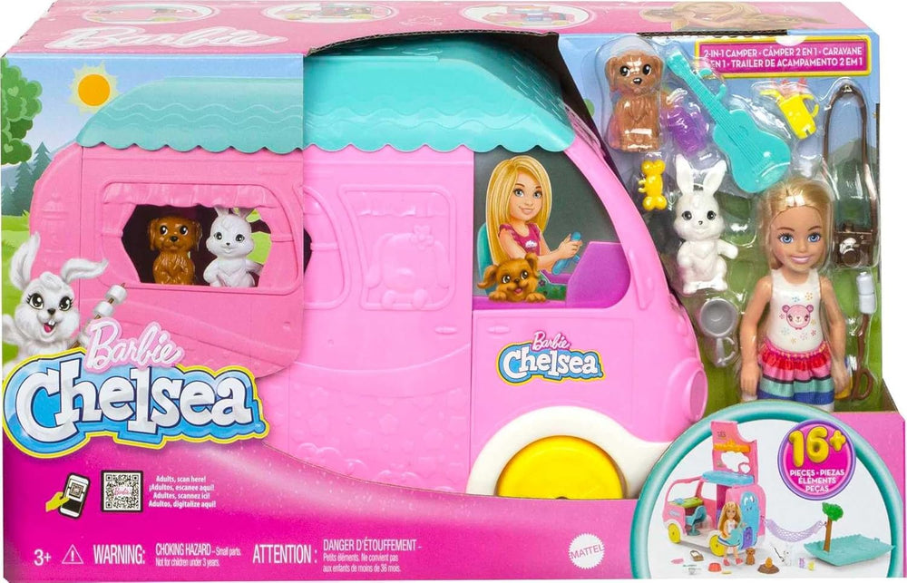 Rulotă Barbie Chelsea 2 în 1 - Vehicul de jucărie cu piscină, hamac și zonă de luat masa, pentru joacă imaginativă și povești, vârste 3+, HNH90