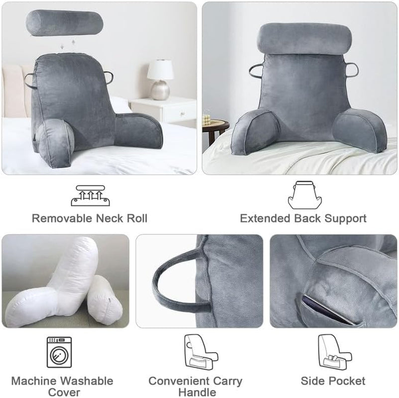 Pernă de citit Mingfuxin pentru pat, pernă de pat cu rolă detașabilă pentru gât și braț de susținere superior pentru a sta în pat, canapea, podea, pernă de citit cu spătar pentru adulți, pernă de spate pentru citit, vizionat la televizor