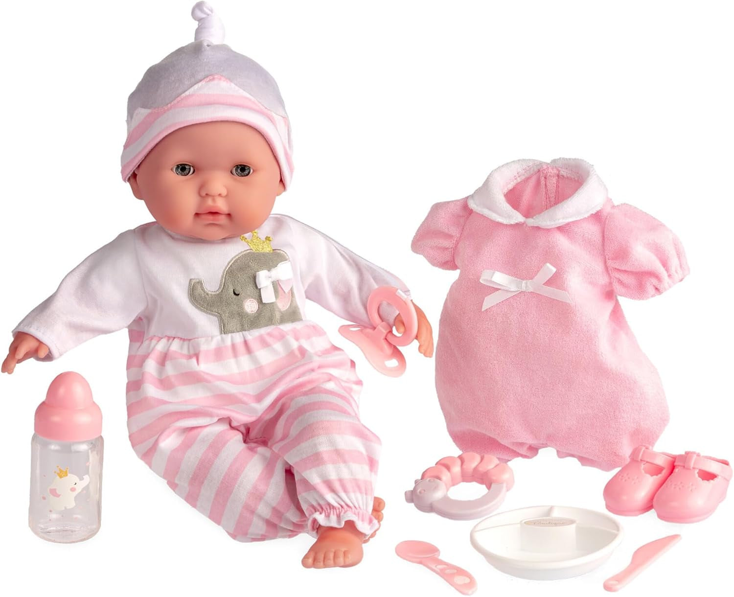 JC Toys- Berenguer Boutique 38 cm-es, valósághű Babystoffpuppe mit open/geschlossenen 10-teiliges Geschenkset mit Flasche, Rassel, Schnuller & Zubehör Rosa From 2 Jahren
