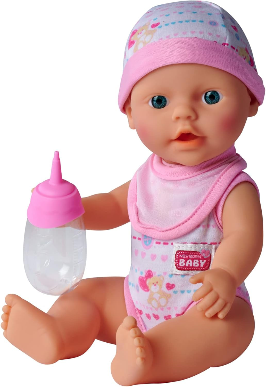Simba 105037800 - New Born Babyset, 2-fach sortiert, es wird nur ein Artikel geliefert, Vollvinylpuppe mit Trink- und Nässfunktion, Pacifier, Flasche, Topf und Lätzchen, 30 cm, max 3 év
