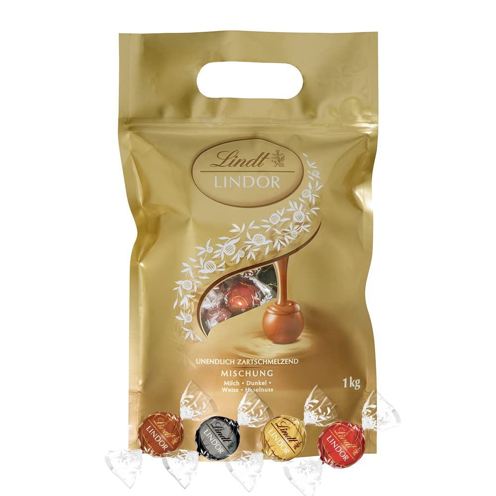 Csokoládé mix LINDOR | 1371 g | kb. 109 golyó: Klasszikus keverék tejcsokoládé golyókhoz és LINDOR | kb. 80 db csokoládégolyó (tej, fehér, sötét 60%, mogyoró) | Ömlesztett csomag, 1 kg