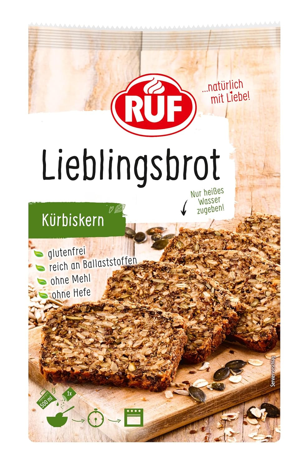 RUF Lieblingsbrot Protein, Brot-Backmischung, Brotmischung, Brotteig-Mischung, Proteinreiches Brot, Glutenfrei, Ohne Mehl & Hefe, 1 X 500G Naty Shop 600 G (1 Er Pack) Kà¼Rbiskern