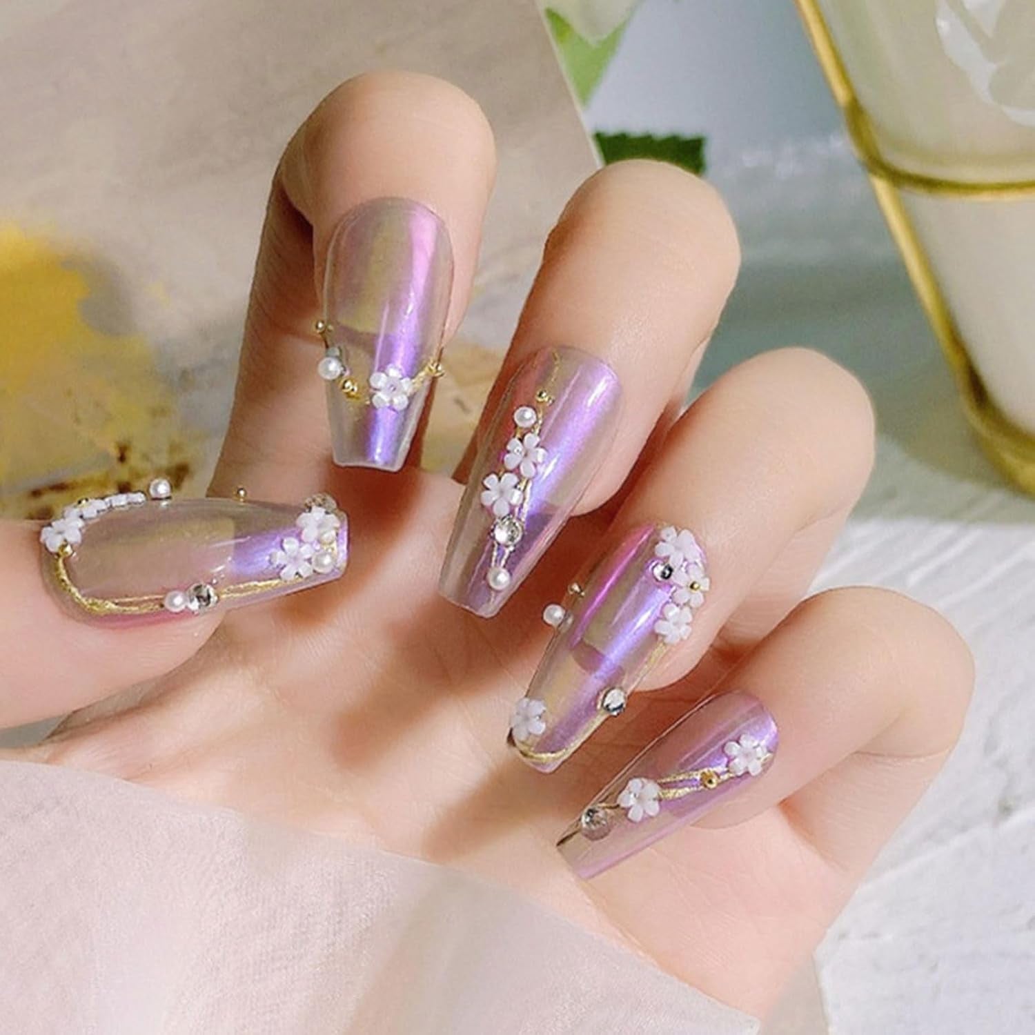 Talismani pentru unghii cu flori 3D, 12 grile de pietre pentru unghii din rășină acrilică cu flori și mărgele aurii și argintii, unghii cu gel floral, decorațiuni pentru unghii cu flori pentru femei și fete, accesorii DIY pentru manichiură