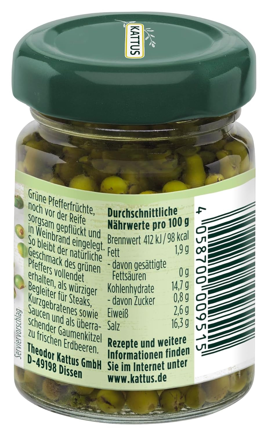 - Grüner Pfeffer Weinbrandban | Ganzer, eingelegter Pfeffer zum Würzen von Saucen | 50 g üvegben
