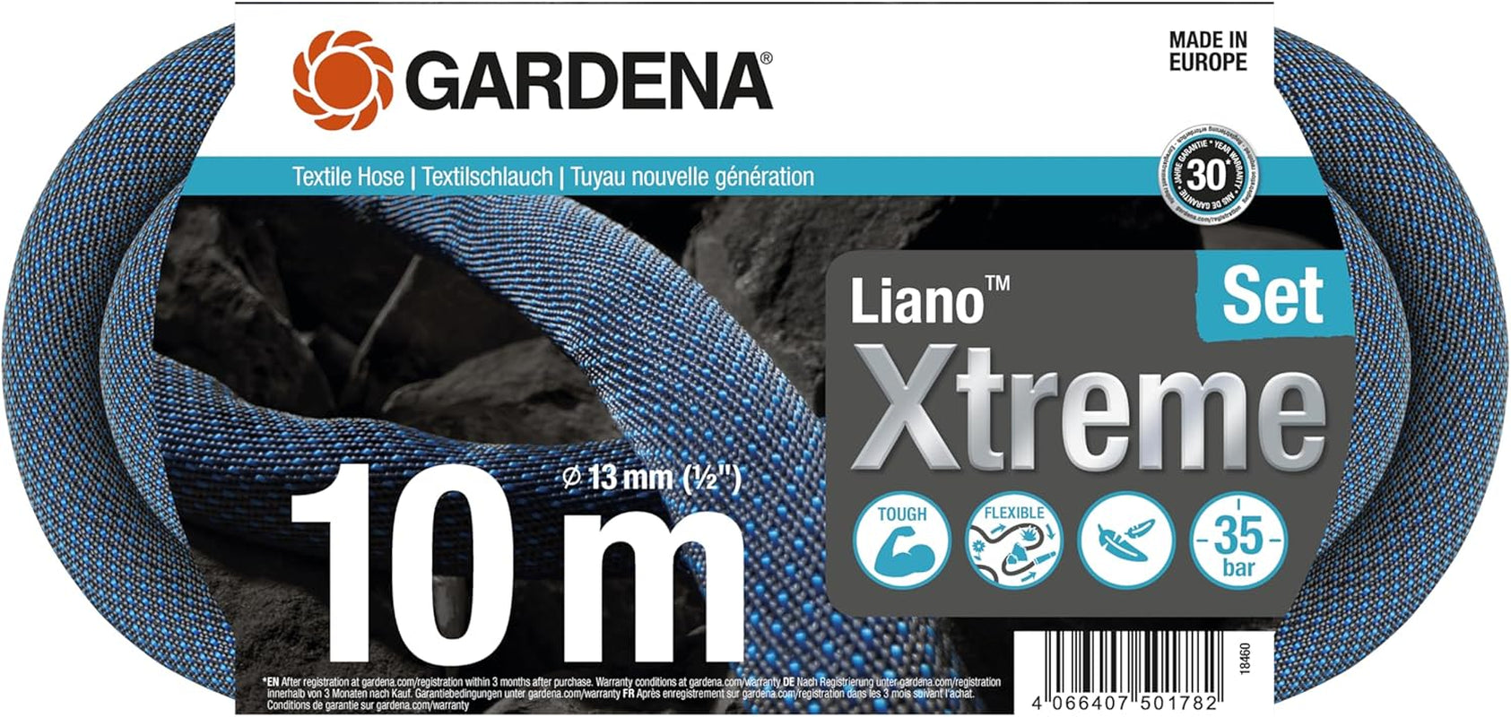 Set Gardena Liano Xtreme 1/2 inch, 10 m: Furtun de grădină extrem de robust din material textil, pentru robinete de interior, cu furtun interior din PVC, ușor, rezistent la intemperii (18460-20)
